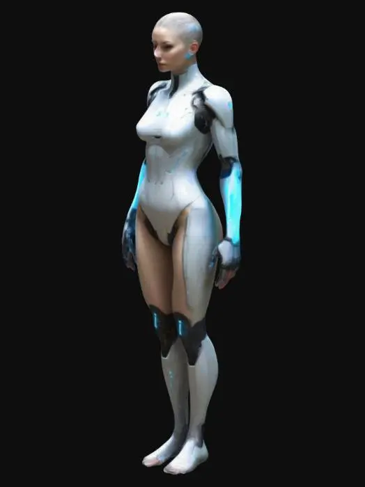3D model for "A futuristic netrunner with a sleek, athletic build, posed dynamically as if preparing to jack into cyberspace. She stands with one foot slightly forward, weight shifted onto her back leg, exuding agility and readiness. Her cybernetic-enhanced arms are positioned gracefully, one slightly raised as if controlling an invisible interface, the other resting near her side. Her spine is slightly arched, accentuating her ghostly speed and precision. She wears a form-fitting black bodysuit