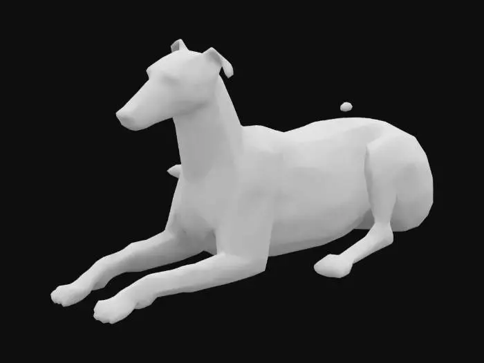 3D model for A 3D polygon-styled sculpture of a greyhound whippet in a laid-down position. The greyhound's body is streamlined and angular, with sharp, geometric facets emphasizing its sleek and elegant form.  Created using: polygonal modeling, low-poly aesthetics, sharp edges, 3D sculptural style, matte textures.
