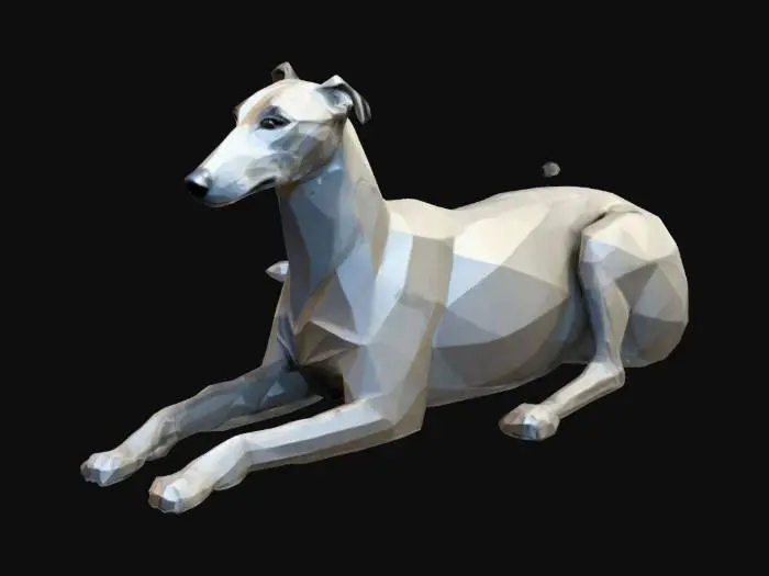 3D model for A 3D polygon-styled sculpture of a greyhound whippet in a laid-down position. The greyhound's body is streamlined and angular, with sharp, geometric facets emphasizing its sleek and elegant form.  Created using: polygonal modeling, low-poly aesthetics, sharp edges, 3D sculptural style, matte textures.
