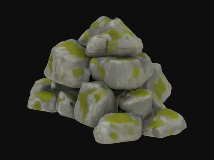 3D model for Create a 3D model of a large rock formation composed of multiple boulders stacked unevenly. The structure should look naturally weathered with cracks, erosion patterns, and moss or lichen growth in crevices. Designed for use in an open-world environment.