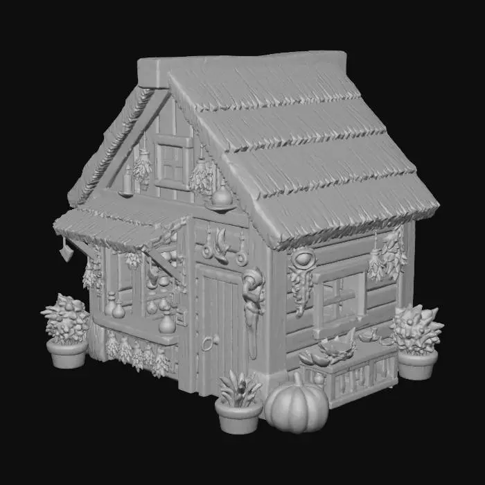 3D model for an enchanter's shed with a small storefront that looks like something out of stardew valley. do not use any signage.