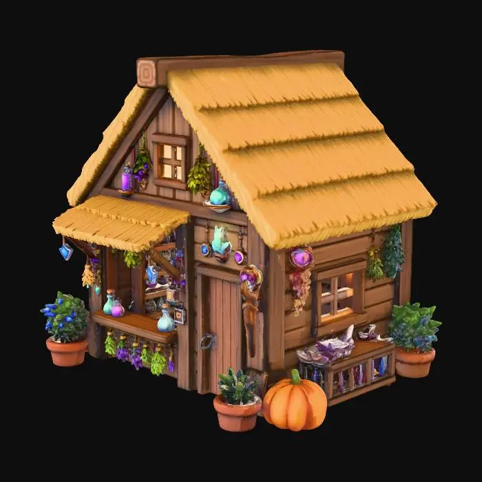 3D model for an enchanter's shed with a small storefront that looks like something out of stardew valley. do not use any signage.