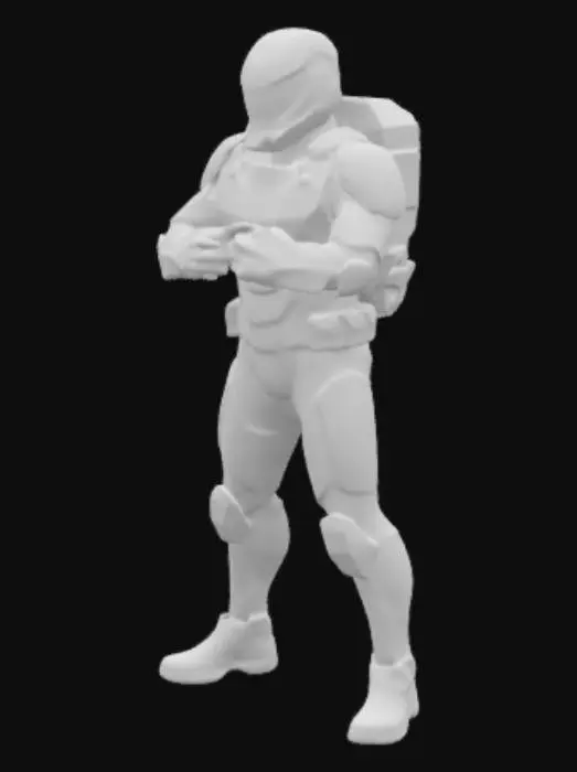 3D model for Make me a cool looking sci-fi character in a sc-fi amor. The color should be more dark glowing blue and metallic black. Very realistic 