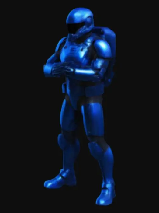 3D model for Make me a cool looking sci-fi character in a sc-fi amor. The color should be more dark glowing blue and metallic black. Very realistic 