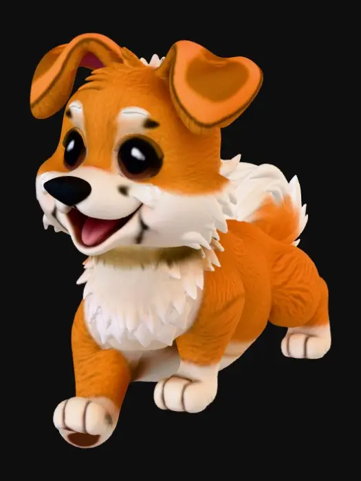3D model for A medium-sized, friendly pet dog with soft, golden-brown fur and fluffy white patches. Its coat has a slightly tousled texture, inviting touch. It features perked ears, expressive dark eyes, and a gently curved tail. The dog's body is robust and proportionally built, suggesting a lively and affectionate companion, detailed with realistic fur strands and subtle muscle definition. Make it fully standing, a bit cartoony, and have big cute eyes