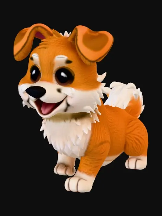 3D model for A medium-sized, friendly pet dog with soft, golden-brown fur and fluffy white patches. Its coat has a slightly tousled texture, inviting touch. It features perked ears, expressive dark eyes, and a gently curved tail. The dog's body is robust and proportionally built, suggesting a lively and affectionate companion, detailed with realistic fur strands and subtle muscle definition. Make it fully standing, a bit cartoony, and have big cute eyes