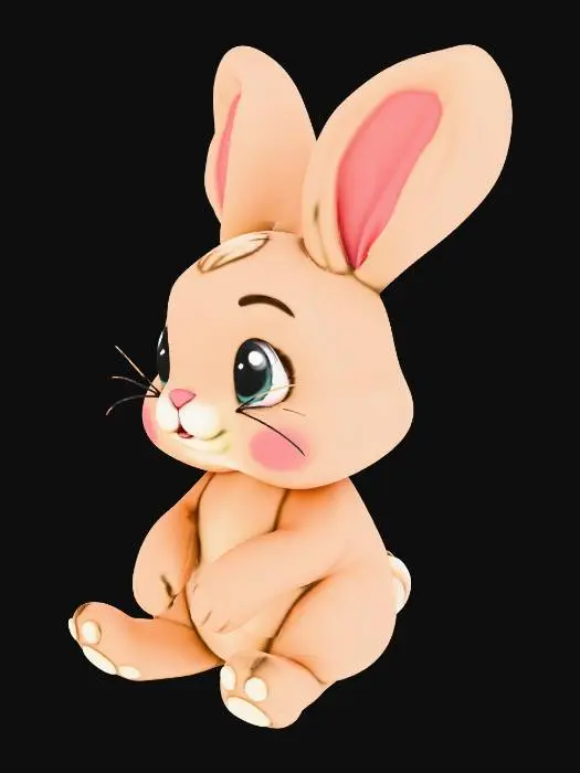 3D model for Ein extrem niedlicher Osterhase, stilisiert und freundlich, mit großen, runden Kulleraugen, weichem flauschigem Fell und leicht übergroßem Kopf im Cute / Chibi-Stil.
Der Hase sitzt aufrecht, hat kurze Pfoten und lange Schlappohren.
Pastellfarben (hellbraun / creme / rosa Akzente), sanfte Formen, keine scharfen Kanten.
Freundlicher Gesichtsausdruck, leichtes Lächeln, sehr kindlich und verspielt.