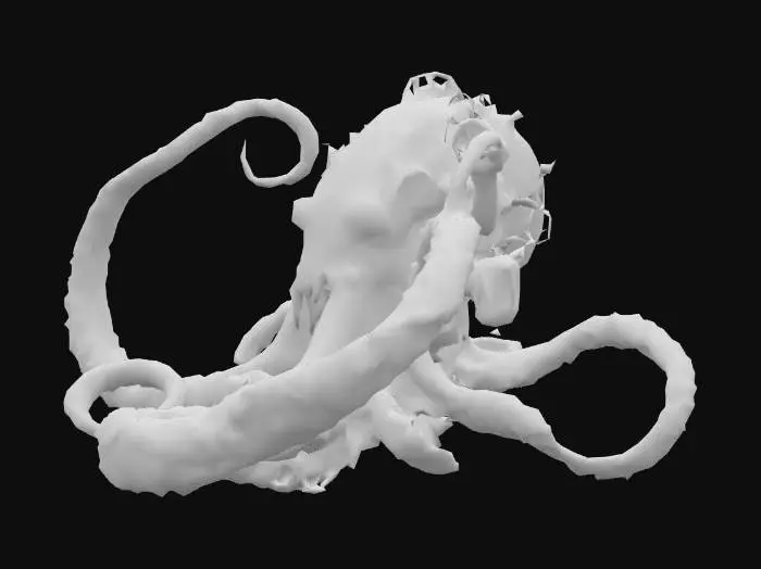 3D model for A massive steampunk kraken emerges from the flooded ruins of a gothic cathedral deep beneath the ocean. Its brass and copper tentacles, adorned with gears and steam pipes, tear through the cathedral’s arched windows, sending water rushing inside. The cathedral’s stained glass windows glow faintly, now covered in algae and seaweed. Barnacles and rust cling to the metal kraken, while glowing algae illuminates the scene. PBR textures highlight the contrast between wet stone, oxidized brass, steam vents, glowing glass, and underwater reflections, evoking a sense of ancient power and industrial decay., #PBR#