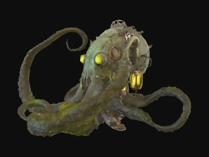 3D model for A massive steampunk kraken emerges from the flooded ruins of a gothic cathedral deep beneath the ocean. Its brass and copper tentacles, adorned with gears and steam pipes, tear through the cathedral’s arched windows, sending water rushing inside. The cathedral’s stained glass windows glow faintly, now covered in algae and seaweed. Barnacles and rust cling to the metal kraken, while glowing algae illuminates the scene. PBR textures highlight the contrast between wet stone, oxidized brass, steam vents, glowing glass, and underwater reflections, evoking a sense of ancient power and industrial decay., #PBR#