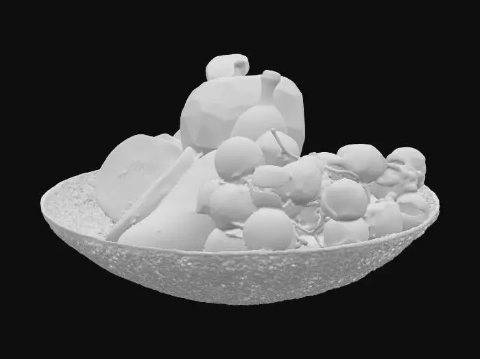 3D model for A vibrant, hyper-realistic bowl of fresh fruit, each piece made from richly colored crystal reflecting the fruit’s natural hues. A ruby-red apple with deep internal reflections, a translucent orange sliced to reveal glowing amber segments, a golden-yellow banana with subtle inner shimmer, emerald-green etched kiwi, and a bunch of glossy amethyst grapes. Set in a frosted quartz bowl on polished marble, with a clean white background. PBR materials: refractive crystal, caustics, realistic IOR, and subtle dust. Lit with soft HDRI sunlight, casting colorful light dispersion and ray-traced reflections. Cinematic and elegant.