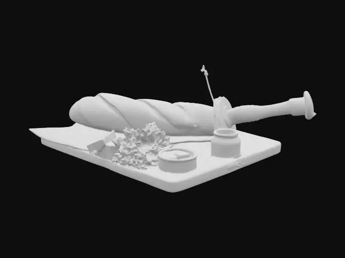 3D model for A massive baguette sword with a crispy, golden-brown crust and a shiny, buttered edge. The blade is hilariously oversized, with tiny crumbs falling off the sides, and the handle is wrapped in a napkin. The hilt is a small block of cheese with a toothpick sticking out, giving it a silly, rustic look. The sword has a light, buttery sheen, and a few slices of cheese and lettuce are stuck to the blade like toppings. The weapon rests on a wooden cutting board with a butter dish and a jar of mustard beside it. , #PBR#