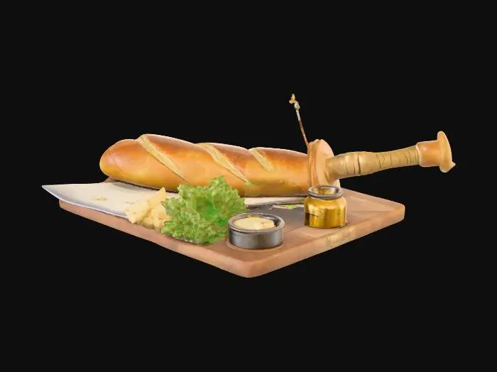 3D model for A massive baguette sword with a crispy, golden-brown crust and a shiny, buttered edge. The blade is hilariously oversized, with tiny crumbs falling off the sides, and the handle is wrapped in a napkin. The hilt is a small block of cheese with a toothpick sticking out, giving it a silly, rustic look. The sword has a light, buttery sheen, and a few slices of cheese and lettuce are stuck to the blade like toppings. The weapon rests on a wooden cutting board with a butter dish and a jar of mustard beside it. , #PBR#
