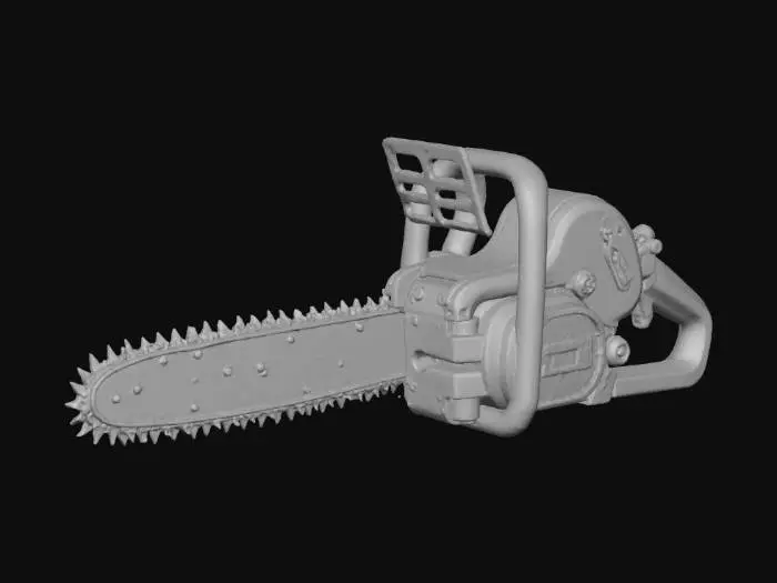 3D model for A rusted, blood-streaked chainsaw with a jagged, worn blade. The handle is wrapped in weathered leather, showing signs of age. The blade glints ominously under the dim light, with drops of fake blood splattering across the body. The chainsaw is placed on the ground, ready to be used in a spooky forest clearing or abandoned house., #Halloween2025#