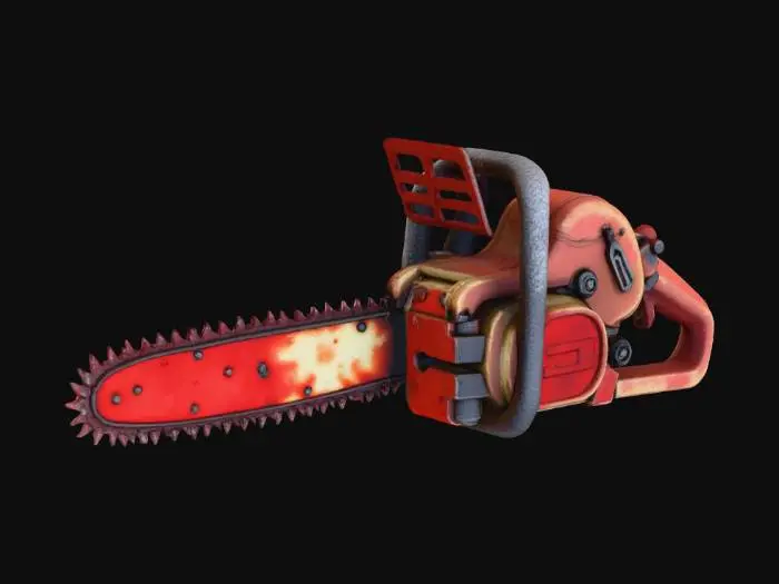 3D model for A rusted, blood-streaked chainsaw with a jagged, worn blade. The handle is wrapped in weathered leather, showing signs of age. The blade glints ominously under the dim light, with drops of fake blood splattering across the body. The chainsaw is placed on the ground, ready to be used in a spooky forest clearing or abandoned house., #Halloween2025#