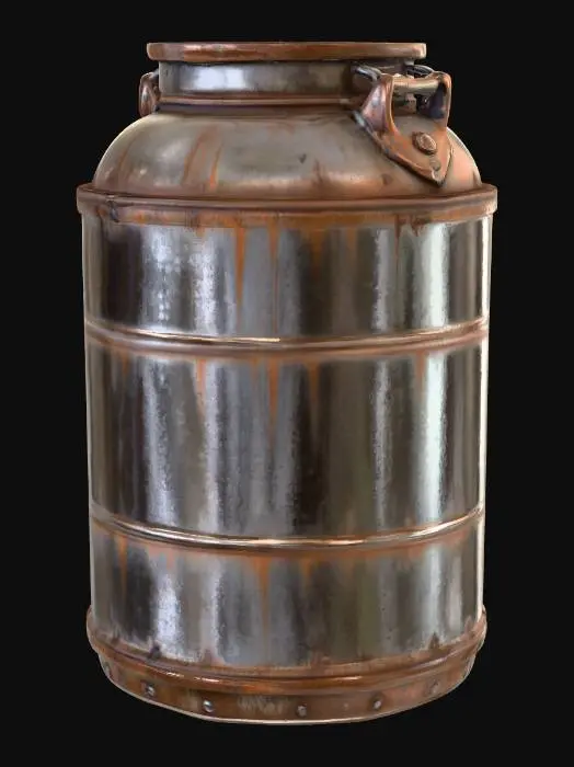 3D model for Industrial metal canister with worn edges, subtle rust, and surface scratches, cylindrical shape with a bolted lid, brushed steel texture, photorealistic, studio lighting with soft shadows, texture-focused, centered object on a neutral background, #PBR#