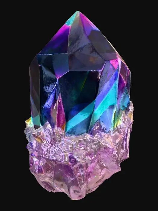 3D model for A radiant rainbow crystal with sharp facets, iridescent surface reflecting prismatic colors, semi-transparent with internal glow, realistic refraction and caustics, placed on a dark neutral surface, studio lighting, photorealistic, close-up focus for texture detail