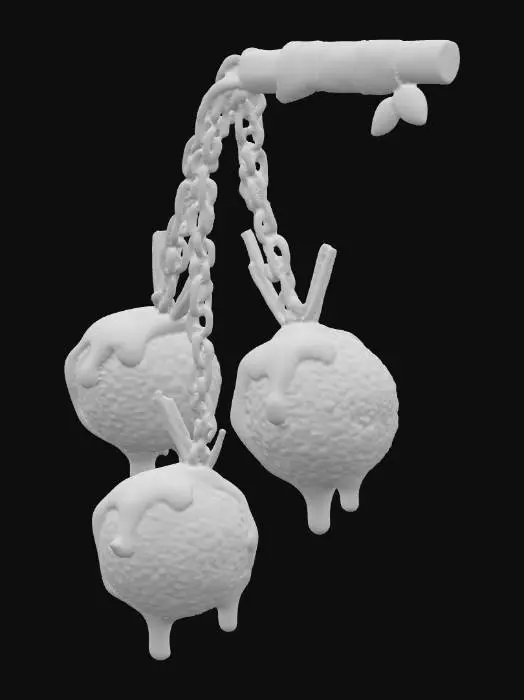 3D model for A humorous meatball flail featuring three large, glossy meatballs connected by long strands of spaghetti. Each meatball is perfectly round, dripping with marinara sauce, and has a slight sheen to it. The spaghetti chains are thick, with a few noodles curving slightly as if they’re in motion. The handle is a smooth wooden stick wrapped in a napkin, with a basil leaf decoration near the top. The meatballs swing freely on the spaghetti strands, giving the weapon a ridiculous, impractical look. The flail is placed against a clean white background, with no other objects in the scene