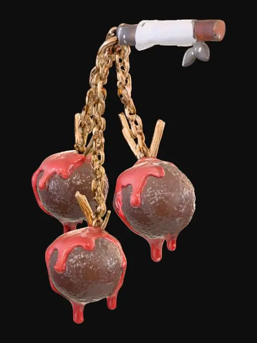 3D model for A humorous meatball flail featuring three large, glossy meatballs connected by long strands of spaghetti. Each meatball is perfectly round, dripping with marinara sauce, and has a slight sheen to it. The spaghetti chains are thick, with a few noodles curving slightly as if they’re in motion. The handle is a smooth wooden stick wrapped in a napkin, with a basil leaf decoration near the top. The meatballs swing freely on the spaghetti strands, giving the weapon a ridiculous, impractical look. The flail is placed against a clean white background, with no other objects in the scene