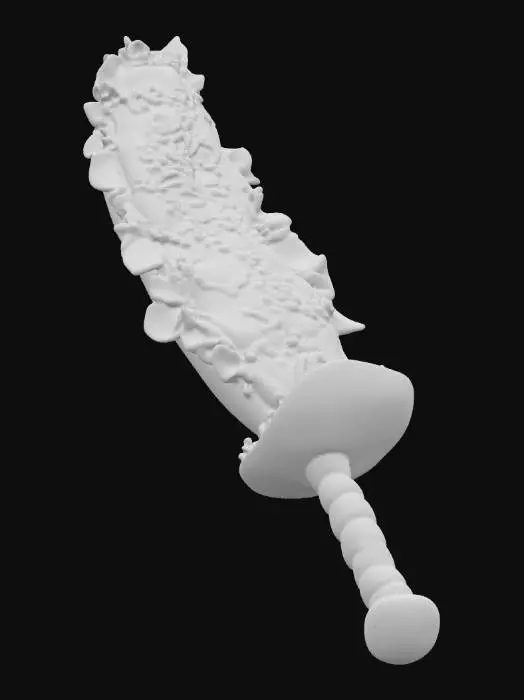 3D model for A massive baguette sword with a crispy, golden-brown crust and a shiny, buttered edge. The blade is hilariously oversized, with tiny crumbs falling off the sides, and the handle is wrapped in a napkin. The hilt is a small block of cheese with a toothpick sticking out, giving it a silly, rustic look. The sword has a light, buttery sheen, and a few slices of cheese and lettuce are stuck to the blade like toppings. The weapon rests on a wooden cutting board with a butter dish and a jar of mustard beside it. , #PBR#