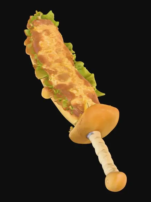 3D model for A massive baguette sword with a crispy, golden-brown crust and a shiny, buttered edge. The blade is hilariously oversized, with tiny crumbs falling off the sides, and the handle is wrapped in a napkin. The hilt is a small block of cheese with a toothpick sticking out, giving it a silly, rustic look. The sword has a light, buttery sheen, and a few slices of cheese and lettuce are stuck to the blade like toppings. The weapon rests on a wooden cutting board with a butter dish and a jar of mustard beside it. , #PBR#