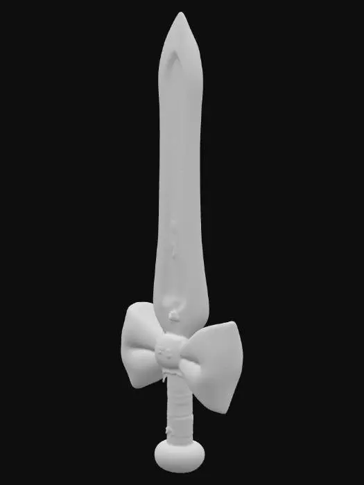 3D model for A giant foam sword with a sparkly, rainbow-colored blade and a soft, squishy handle. The blade is oversized, shiny, and ridiculously wide, almost comically impractical. The handle is wrapped in bright pink tape with a big bow at the end, and the sword has small glittering stars floating around it. The foam material looks soft and bouncy, and the blade has exaggerated, cartoonish details like smiley faces drawn on it. The sword is resting against a small wooden barrel, and a few rubber chickens are casually scattered around it for added effect, #PBR#