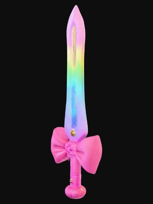 3D model for A giant foam sword with a sparkly, rainbow-colored blade and a soft, squishy handle. The blade is oversized, shiny, and ridiculously wide, almost comically impractical. The handle is wrapped in bright pink tape with a big bow at the end, and the sword has small glittering stars floating around it. The foam material looks soft and bouncy, and the blade has exaggerated, cartoonish details like smiley faces drawn on it. The sword is resting against a small wooden barrel, and a few rubber chickens are casually scattered around it for added effect, #PBR#