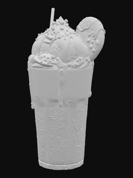 3D model for A decadent, mouth-watering chocolate thickshake overflowing with rich, creamy texture. Served in a tall frosted glass, it's topped with a generous swirl of whipped cream, scoops of velvety chocolate ice cream, and a thick drizzle of dark chocolate syrup cascading down the sides. Sprinkled with chocolate shavings and chunks, with a striped straw and a cookie on the rim. The lighting highlights the glossy, indulgent details, making it irresistibly tempting.