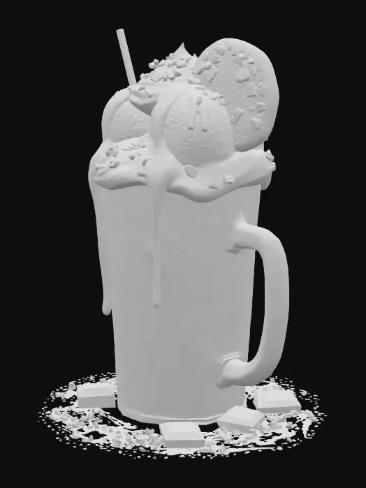 3D model for A decadent, mouth-watering chocolate thickshake overflowing with rich, creamy texture. Served in a tall frosted glass, it's topped with a generous swirl of whipped cream, scoops of velvety chocolate ice cream, and a thick drizzle of dark chocolate syrup cascading down the sides. Sprinkled with chocolate shavings and chunks, with a striped straw and a cookie on the rim. The lighting highlights the glossy, indulgent details, making it irresistibly tempting.