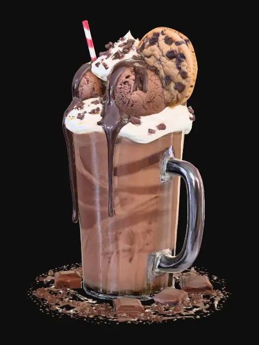 3D model for A decadent, mouth-watering chocolate thickshake overflowing with rich, creamy texture. Served in a tall frosted glass, it's topped with a generous swirl of whipped cream, scoops of velvety chocolate ice cream, and a thick drizzle of dark chocolate syrup cascading down the sides. Sprinkled with chocolate shavings and chunks, with a striped straw and a cookie on the rim. The lighting highlights the glossy, indulgent details, making it irresistibly tempting.