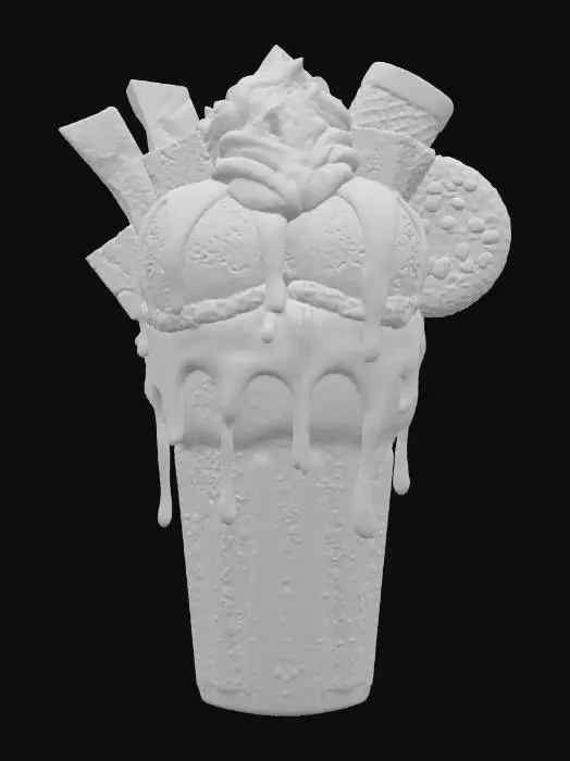 3D model for Hyper-realistic ultra-decadent chocolate thickshake in a tall frosted glass, overflowing with thick, glossy chocolate shake. Topped with scoops of rich chocolate and vanilla bean ice cream, a cloud of whipped cream, and generous drizzles of dark and milk chocolate ganache dripping sensually down the sides. Garnished with chocolate shards, brownie chunks, a fudgy cookie, and a chocolate-dipped waffle cone. Condensation on the glass, golden hour lighting highlighting every luscious detail — completely mouth-watering and over-the-top irresistible.