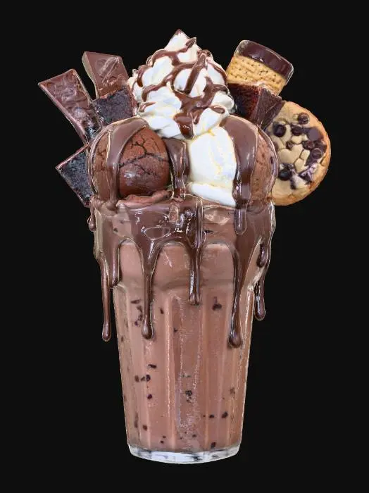 3D model for Hyper-realistic ultra-decadent chocolate thickshake in a tall frosted glass, overflowing with thick, glossy chocolate shake. Topped with scoops of rich chocolate and vanilla bean ice cream, a cloud of whipped cream, and generous drizzles of dark and milk chocolate ganache dripping sensually down the sides. Garnished with chocolate shards, brownie chunks, a fudgy cookie, and a chocolate-dipped waffle cone. Condensation on the glass, golden hour lighting highlighting every luscious detail — completely mouth-watering and over-the-top irresistible.