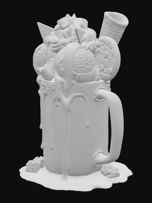 3D model for Hyper-realistic ultra-decadent chocolate thickshake in a tall frosted glass, overflowing with thick, glossy chocolate shake. Topped with scoops of rich chocolate and vanilla bean ice cream, a cloud of whipped cream, and generous drizzles of dark and milk chocolate ganache dripping sensually down the sides. Garnished with chocolate shards, brownie chunks, a fudgy cookie, and a chocolate-dipped waffle cone. Condensation on the glass, golden hour lighting highlighting every luscious detail — completely mouth-watering and over-the-top irresistible.