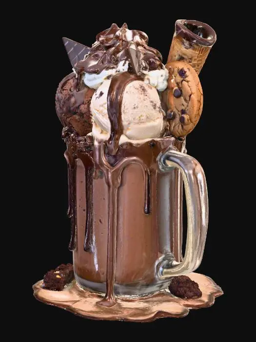 3D model for Hyper-realistic ultra-decadent chocolate thickshake in a tall frosted glass, overflowing with thick, glossy chocolate shake. Topped with scoops of rich chocolate and vanilla bean ice cream, a cloud of whipped cream, and generous drizzles of dark and milk chocolate ganache dripping sensually down the sides. Garnished with chocolate shards, brownie chunks, a fudgy cookie, and a chocolate-dipped waffle cone. Condensation on the glass, golden hour lighting highlighting every luscious detail — completely mouth-watering and over-the-top irresistible.