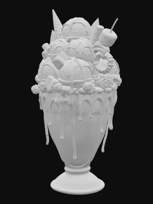 3D model for A jaw-dropping chocolate thickshake in a giant frosted glass, overflowing with velvety, glossy chocolate shake. Piled high with whipped cream, heaping scoops of dark, milk, and white chocolate ice cream, and rivers of molten chocolate ganache, caramel, and peanut butter syrup cascading down the sides. Topped with gooey brownies, chewy cookie dough chunks, chocolate truffles, golden chocolate shards, chocolate-covered pretzels, hazelnut pralines, a chocolate-dipped waffle cone, and a toasted marshmallow skewer. Edible gold leaf glistening, condensation dripping, golden hour lighting — pure, mouth-watering indulgence. #food#