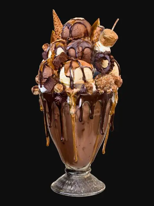 3D model for A jaw-dropping chocolate thickshake in a giant frosted glass, overflowing with velvety, glossy chocolate shake. Piled high with whipped cream, heaping scoops of dark, milk, and white chocolate ice cream, and rivers of molten chocolate ganache, caramel, and peanut butter syrup cascading down the sides. Topped with gooey brownies, chewy cookie dough chunks, chocolate truffles, golden chocolate shards, chocolate-covered pretzels, hazelnut pralines, a chocolate-dipped waffle cone, and a toasted marshmallow skewer. Edible gold leaf glistening, condensation dripping, golden hour lighting — pure, mouth-watering indulgence. #food#