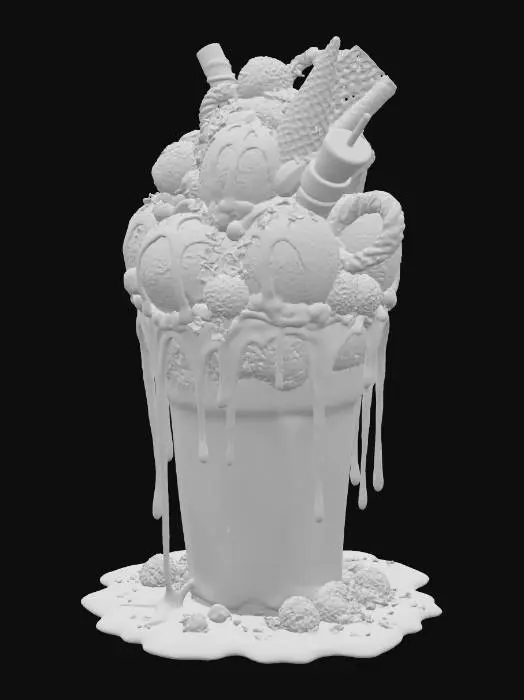3D model for A jaw-dropping chocolate thickshake in a giant frosted glass, overflowing with velvety, glossy chocolate shake. Piled high with whipped cream, heaping scoops of dark, milk, and white chocolate ice cream, and rivers of molten chocolate ganache, caramel, and peanut butter syrup cascading down the sides. Topped with gooey brownies, chewy cookie dough chunks, chocolate truffles, golden chocolate shards, chocolate-covered pretzels, hazelnut pralines, a chocolate-dipped waffle cone, and a toasted marshmallow skewer. Edible gold leaf glistening, condensation dripping, golden hour lighting — pure, mouth-watering indulgence. #food#