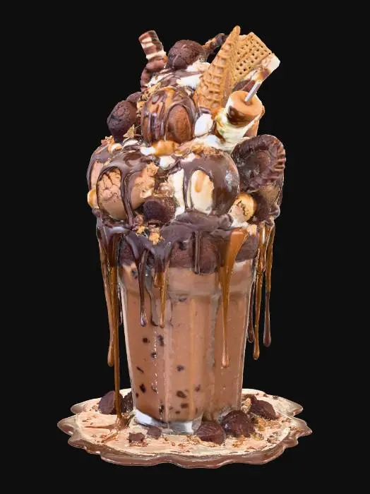 3D model for A jaw-dropping chocolate thickshake in a giant frosted glass, overflowing with velvety, glossy chocolate shake. Piled high with whipped cream, heaping scoops of dark, milk, and white chocolate ice cream, and rivers of molten chocolate ganache, caramel, and peanut butter syrup cascading down the sides. Topped with gooey brownies, chewy cookie dough chunks, chocolate truffles, golden chocolate shards, chocolate-covered pretzels, hazelnut pralines, a chocolate-dipped waffle cone, and a toasted marshmallow skewer. Edible gold leaf glistening, condensation dripping, golden hour lighting — pure, mouth-watering indulgence. #food#