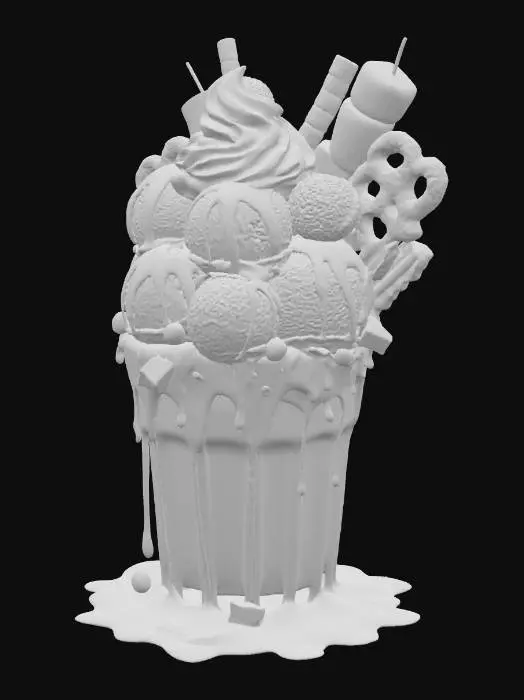 3D model for A massive, ultra-realistic chocolate thickshake in a frosted glass, overflowing with rich, glossy chocolate shake. Topped with whipped cream, eight scoops of dark, milk, white, and ruby chocolate ice cream, drizzled with molten chocolate ganache, caramel, and peanut butter syrup. Bursting with decadent toppings: gooey brownies, cookie dough chunks, chocolate truffles, crushed chocolate bars, hazelnut pralines, and chocolate-covered pretzels. A chocolate-dipped waffle cone, toasted marshmallow skewer, candied bacon, edible gold leaf, and sparkling edible glitter. Golden light highlighting every mouth-watering detail, with condensation dripping down the glass. #food#