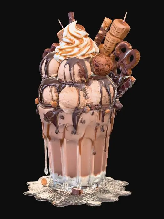 3D model for A massive, ultra-realistic chocolate thickshake in a frosted glass, overflowing with rich, glossy chocolate shake. Topped with whipped cream, eight scoops of dark, milk, white, and ruby chocolate ice cream, drizzled with molten chocolate ganache, caramel, and peanut butter syrup. Bursting with decadent toppings: gooey brownies, cookie dough chunks, chocolate truffles, crushed chocolate bars, hazelnut pralines, and chocolate-covered pretzels. A chocolate-dipped waffle cone, toasted marshmallow skewer, candied bacon, edible gold leaf, and sparkling edible glitter. Golden light highlighting every mouth-watering detail, with condensation dripping down the glass. #food#
