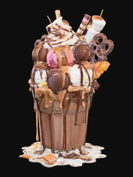3D model for A massive, ultra-realistic chocolate thickshake in a frosted glass, overflowing with rich, glossy chocolate shake. Topped with whipped cream, eight scoops of dark, milk, white, and ruby chocolate ice cream, drizzled with molten chocolate ganache, caramel, and peanut butter syrup. Bursting with decadent toppings: gooey brownies, cookie dough chunks, chocolate truffles, crushed chocolate bars, hazelnut pralines, and chocolate-covered pretzels. A chocolate-dipped waffle cone, toasted marshmallow skewer, candied bacon, edible gold leaf, and sparkling edible glitter. Golden light highlighting every mouth-watering detail, with condensation dripping down the glass. #food#