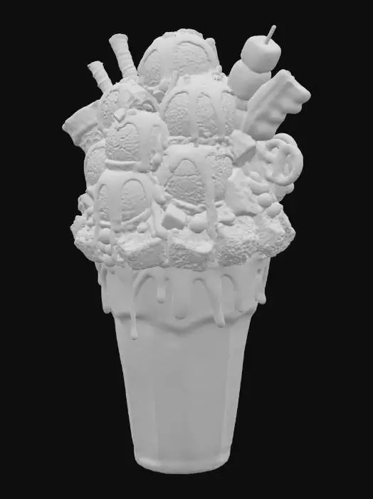 3D model for A massive, ultra-realistic chocolate thickshake in a frosted glass, overflowing with glossy chocolate shake, fully visible against a white background. Topped with whipped cream, eight scoops of dark, milk, white, and ruby chocolate ice cream, drizzled with molten chocolate ganache, caramel, and peanut butter syrup. Bursting with gooey brownies, cookie dough chunks, chocolate truffles, crushed chocolate bars, hazelnut pralines, and chocolate-covered pretzels. A chocolate-dipped waffle cone, toasted marshmallow skewer, candied bacon, edible gold leaf, and sparkling edible glitter. Condensation dripping down the glass, every mouth-watering detail in full view. #food#