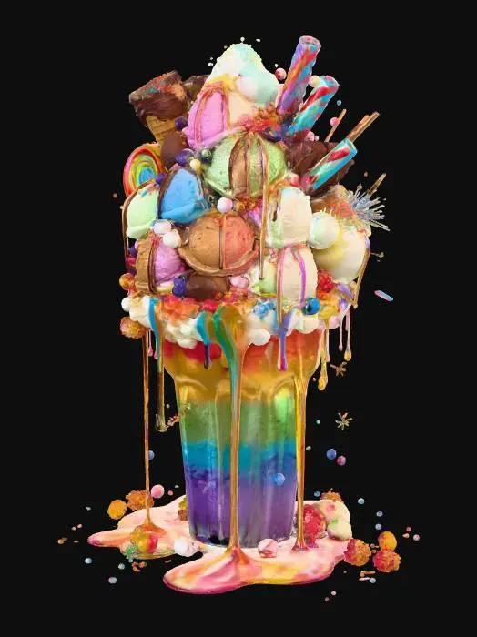 3D model for A colossal, ultra-realistic rainbow thickshake in a frosted glass, overflowing with glossy, vibrant rainbow shakes, fully visible against a white background. Topped with whipped cream, twenty scoops of rainbow ice cream (strawberry, vanilla, matcha, blueberry, mango, and more), drenched in liquid gold, rainbow ganache, and syrup waterfalls. Piled with rainbow candy chunks, glittering gummies, chocolate truffles, rainbow lollipops, cotton candy clouds, popping candy, caramel popcorn, and crushed cookies. A candy-dipped waffle cone, rainbow marshmallow skewer, glittering star sprinkles, edible diamonds, and silver leaf. Oozing liquid rainbow syrup, marshmallow fluff mountains, sugar crystals, and cold condensation dripping — a psychedelic, mind-bending explosion of sweetness! #food#