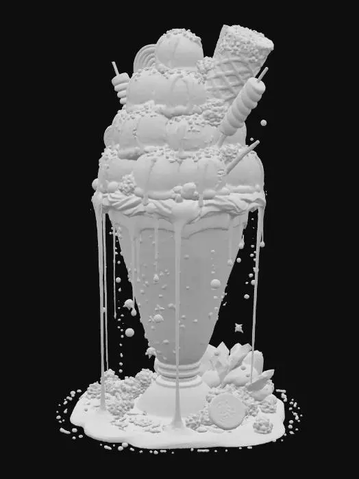 3D model for A colossal, ultra-realistic rainbow thickshake in a frosted glass, overflowing with glossy, vibrant rainbow shakes, fully visible against a white background. Topped with whipped cream, twenty scoops of rainbow ice cream (strawberry, vanilla, matcha, blueberry, mango, and more), drenched in liquid gold, rainbow ganache, and syrup waterfalls. Piled with rainbow candy chunks, glittering gummies, chocolate truffles, rainbow lollipops, cotton candy clouds, popping candy, caramel popcorn, and crushed cookies. A candy-dipped waffle cone, rainbow marshmallow skewer, glittering star sprinkles, edible diamonds, and silver leaf. Oozing liquid rainbow syrup, marshmallow fluff mountains, sugar crystals, and cold condensation dripping — a psychedelic, mind-bending explosion of sweetness! #food#