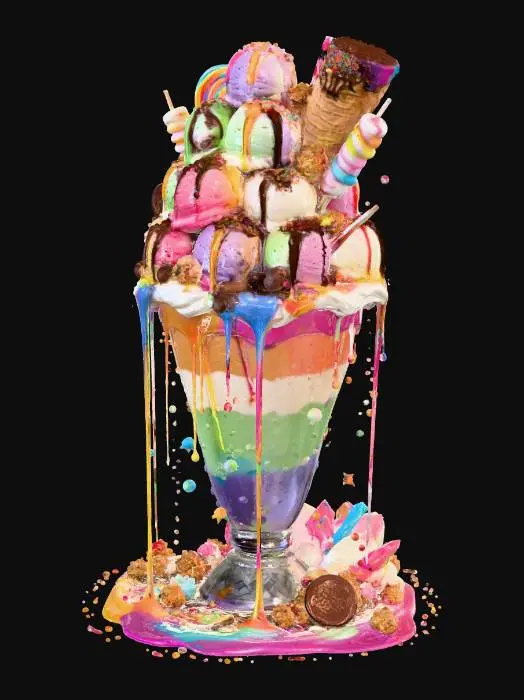 3D model for A colossal, ultra-realistic rainbow thickshake in a frosted glass, overflowing with glossy, vibrant rainbow shakes, fully visible against a white background. Topped with whipped cream, twenty scoops of rainbow ice cream (strawberry, vanilla, matcha, blueberry, mango, and more), drenched in liquid gold, rainbow ganache, and syrup waterfalls. Piled with rainbow candy chunks, glittering gummies, chocolate truffles, rainbow lollipops, cotton candy clouds, popping candy, caramel popcorn, and crushed cookies. A candy-dipped waffle cone, rainbow marshmallow skewer, glittering star sprinkles, edible diamonds, and silver leaf. Oozing liquid rainbow syrup, marshmallow fluff mountains, sugar crystals, and cold condensation dripping — a psychedelic, mind-bending explosion of sweetness! #food#