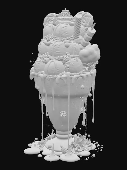 3D model for A colossal, ultra-realistic rainbow thickshake in a frosted glass, overflowing with glossy, vibrant rainbow shakes, fully visible against a white background. Topped with whipped cream, twenty scoops of rainbow ice cream (strawberry, vanilla, matcha, blueberry, mango, and more), drenched in liquid gold, rainbow ganache, and syrup waterfalls. Piled with rainbow candy chunks, glittering gummies, chocolate truffles, rainbow lollipops, cotton candy clouds, popping candy, caramel popcorn, and crushed cookies. A candy-dipped waffle cone, rainbow marshmallow skewer, glittering star sprinkles, edible diamonds, and silver leaf. Oozing liquid rainbow syrup, marshmallow fluff mountains, sugar crystals, and cold condensation dripping — a psychedelic, mind-bending explosion of sweetness! #food#