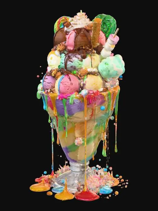 3D model for A colossal, ultra-realistic rainbow thickshake in a frosted glass, overflowing with glossy, vibrant rainbow shakes, fully visible against a white background. Topped with whipped cream, twenty scoops of rainbow ice cream (strawberry, vanilla, matcha, blueberry, mango, and more), drenched in liquid gold, rainbow ganache, and syrup waterfalls. Piled with rainbow candy chunks, glittering gummies, chocolate truffles, rainbow lollipops, cotton candy clouds, popping candy, caramel popcorn, and crushed cookies. A candy-dipped waffle cone, rainbow marshmallow skewer, glittering star sprinkles, edible diamonds, and silver leaf. Oozing liquid rainbow syrup, marshmallow fluff mountains, sugar crystals, and cold condensation dripping — a psychedelic, mind-bending explosion of sweetness! #food#