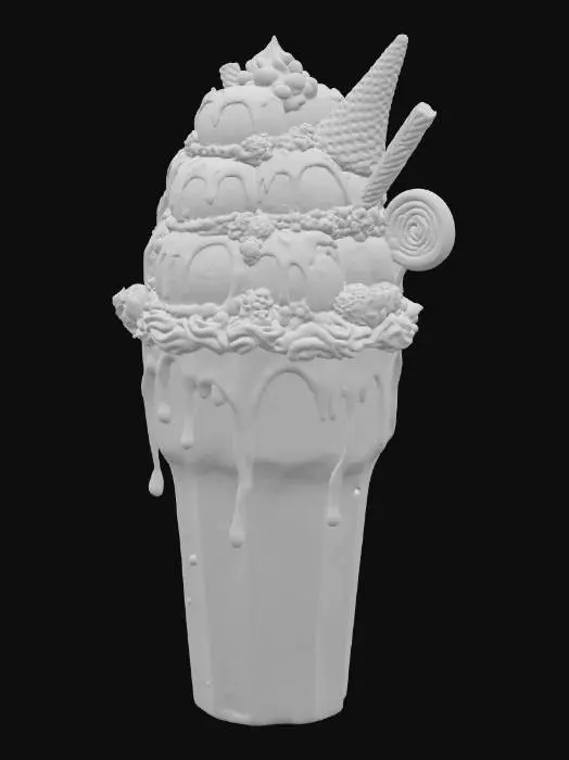 3D model for A colossal, ultra-realistic rainbow thickshake in a frosted glass, overflowing with glossy, vibrant rainbow shakes, fully visible against a white background. Topped with whipped cream, twenty scoops of rainbow ice cream (strawberry, vanilla, matcha, blueberry, mango, and more), drenched in liquid gold, rainbow ganache, and syrup waterfalls. Piled with rainbow candy chunks, glittering gummies, chocolate truffles, rainbow lollipops, cotton candy clouds, popping candy, caramel popcorn, and crushed cookies. A candy-dipped waffle cone, rainbow marshmallow skewer, glittering star sprinkles, edible diamonds, and silver leaf. Oozing liquid rainbow syrup, marshmallow fluff mountains, sugar crystals, and cold condensation dripping — a psychedelic, mind-bending explosion of sweetness! #food#