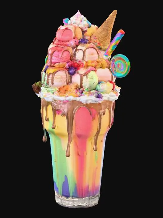 3D model for A colossal, ultra-realistic rainbow thickshake in a frosted glass, overflowing with glossy, vibrant rainbow shakes, fully visible against a white background. Topped with whipped cream, twenty scoops of rainbow ice cream (strawberry, vanilla, matcha, blueberry, mango, and more), drenched in liquid gold, rainbow ganache, and syrup waterfalls. Piled with rainbow candy chunks, glittering gummies, chocolate truffles, rainbow lollipops, cotton candy clouds, popping candy, caramel popcorn, and crushed cookies. A candy-dipped waffle cone, rainbow marshmallow skewer, glittering star sprinkles, edible diamonds, and silver leaf. Oozing liquid rainbow syrup, marshmallow fluff mountains, sugar crystals, and cold condensation dripping — a psychedelic, mind-bending explosion of sweetness! #food#