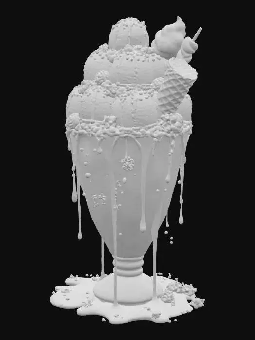 3D model for A colossal, ultra-realistic rainbow thickshake in a frosted glass, overflowing with glossy, vibrant rainbow shakes, fully visible against a white background. Topped with whipped cream, twenty scoops of rainbow ice cream (strawberry, vanilla, matcha, blueberry, mango, and more), drenched in liquid gold, rainbow ganache, and syrup waterfalls. Piled with rainbow candy chunks, glittering gummies, chocolate truffles, rainbow lollipops, cotton candy clouds, popping candy, caramel popcorn, and crushed cookies. A candy-dipped waffle cone, rainbow marshmallow skewer, glittering star sprinkles, edible diamonds, and silver leaf. Oozing liquid rainbow syrup, marshmallow fluff mountains, sugar crystals, and cold condensation dripping — a psychedelic, mind-bending explosion of sweetness! #food#