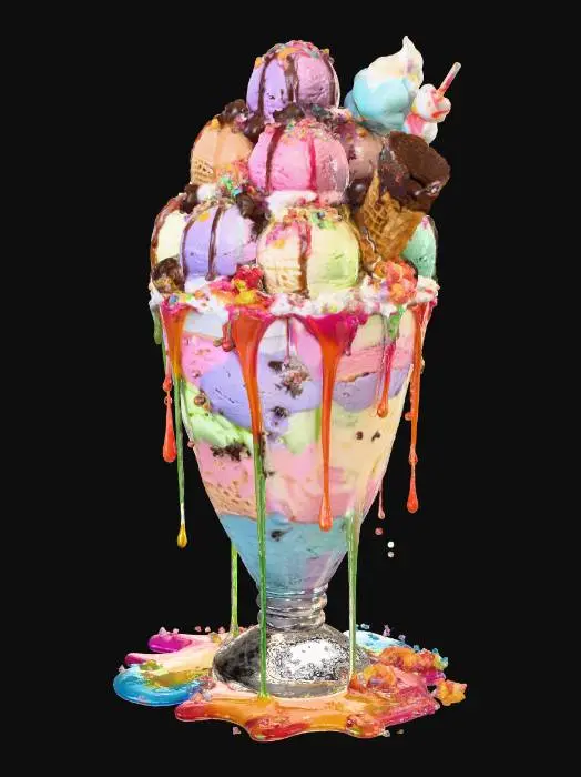3D model for A colossal, ultra-realistic rainbow thickshake in a frosted glass, overflowing with glossy, vibrant rainbow shakes, fully visible against a white background. Topped with whipped cream, twenty scoops of rainbow ice cream (strawberry, vanilla, matcha, blueberry, mango, and more), drenched in liquid gold, rainbow ganache, and syrup waterfalls. Piled with rainbow candy chunks, glittering gummies, chocolate truffles, rainbow lollipops, cotton candy clouds, popping candy, caramel popcorn, and crushed cookies. A candy-dipped waffle cone, rainbow marshmallow skewer, glittering star sprinkles, edible diamonds, and silver leaf. Oozing liquid rainbow syrup, marshmallow fluff mountains, sugar crystals, and cold condensation dripping — a psychedelic, mind-bending explosion of sweetness! #food#